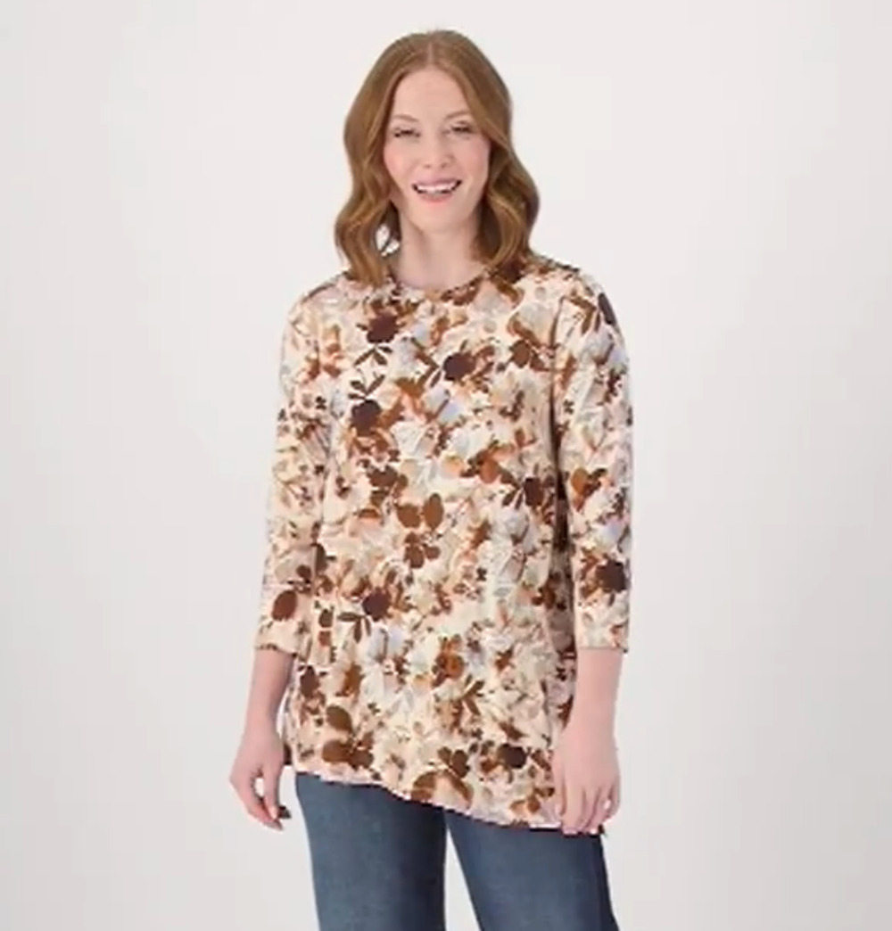 Logo Lori Goldstein Top Medium Floral Printed Rayon 230 Asymmetric Hem Pocket